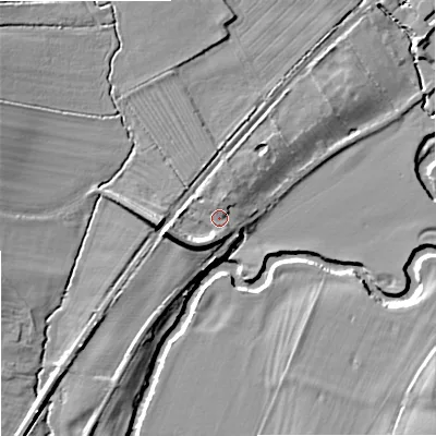 Shaded relief map of the ground around SN128LH, computed from Environment Agency LiDAR. The ground here sits at about 36 m above sea level and falls 11 m across the surrounding 800 m. Surface water reaching this point runs off ground lying to the west-north-west, 1.6 m higher.