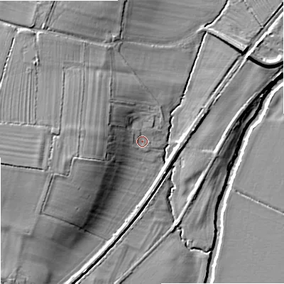 Shaded relief map of the ground around SN128LL, computed from Environment Agency LiDAR. The ground here sits at about 36 m above sea level and falls 15 m across the surrounding 800 m. Surface water reaching this point runs off ground lying to the west-south-west, 12.3 m higher.