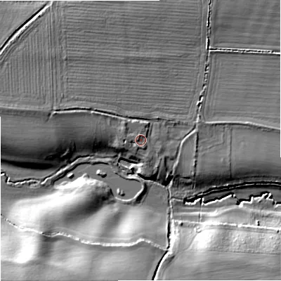 Shaded relief map of the ground around SN128NN, computed from Environment Agency LiDAR. The ground here sits at about 56 m above sea level and falls 21 m across the surrounding 800 m. Surface water reaching this point runs off ground lying to the west, 1.0 m higher.