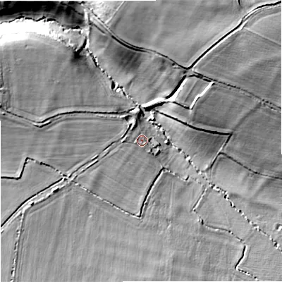 Shaded relief map of the ground around SN128NR, computed from Environment Agency LiDAR. The ground here sits at about 59 m above sea level and falls 26 m across the surrounding 800 m. Surface water reaching this point runs off ground lying to the west, 4.0 m higher.