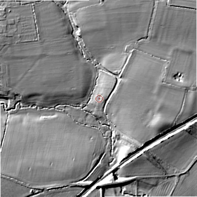 Shaded relief map of the ground around SN128NY, computed from Environment Agency LiDAR. The ground here sits at about 36 m above sea level and falls 14 m across the surrounding 800 m. Surface water reaching this point runs off ground lying to the east-north-east, 3.1 m higher.