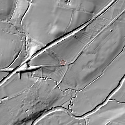Shaded relief map of the ground around SN128PA, computed from Environment Agency LiDAR. The ground here sits at about 35 m above sea level and falls 13 m across the surrounding 800 m. Surface water reaching this point runs off ground lying to the north-west, 7.2 m higher.