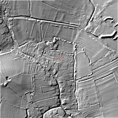 Shaded relief map of the ground around SN128PL, computed from Environment Agency LiDAR. The ground here sits at about 41 m above sea level and falls 13 m across the surrounding 800 m. Surface water reaching this point runs off ground lying to the west-south-west, 2.5 m higher.