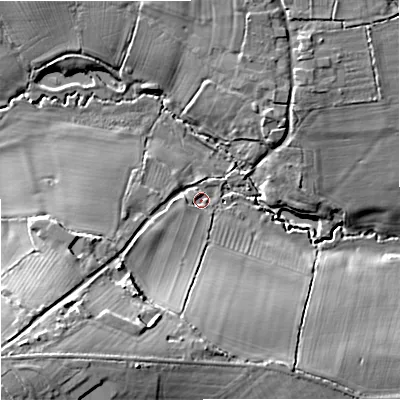 Shaded relief map of the ground around SN128PS, computed from Environment Agency LiDAR. The ground here sits at about 36 m above sea level and falls 20 m across the surrounding 800 m. Surface water reaching this point runs off ground lying to the south-west, 18.0 m higher.