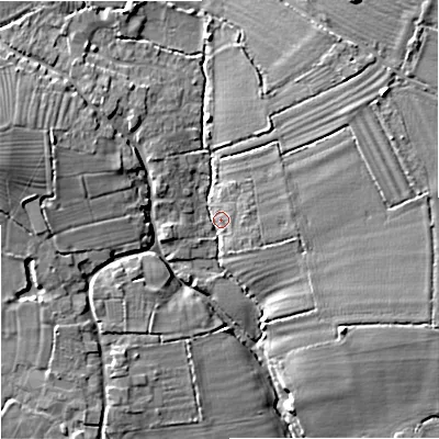 Shaded relief map of the ground around SN128PX, computed from Environment Agency LiDAR. The ground here sits at about 40 m above sea level and falls 12 m across the surrounding 800 m. Surface water reaching this point runs off ground lying to the north-east, 7.7 m higher.