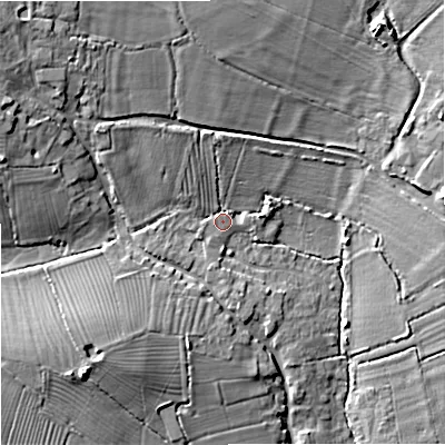 Shaded relief map of the ground around SN128PY, computed from Environment Agency LiDAR. The ground here sits at about 42 m above sea level and falls 12 m across the surrounding 800 m. Surface water reaching this point runs off ground lying to the north-west, 9.3 m higher.