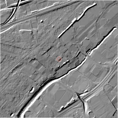 Shaded relief map of the ground around SN12PA, computed from Environment Agency LiDAR. The ground here sits at about 101 m above sea level and falls 9 m across the surrounding 800 m. Surface water reaching this point runs off ground lying to the west, 1.8 m higher.