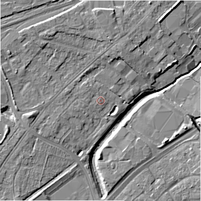 Shaded relief map of the ground around SN12RA, computed from Environment Agency LiDAR. The ground here sits at about 100 m above sea level and falls 8 m across the surrounding 800 m. Surface water reaching this point runs off ground lying to the west-south-west, 1.8 m higher.
