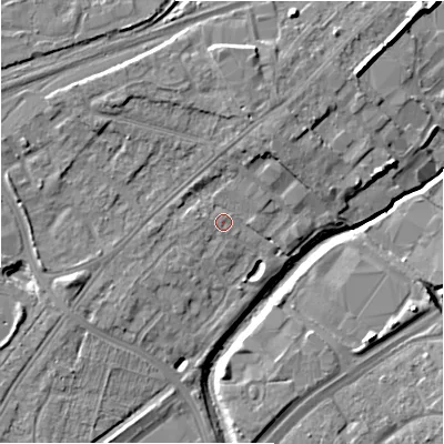 Shaded relief map of the ground around SN12RD, computed from Environment Agency LiDAR. The ground here sits at about 100 m above sea level and falls 8 m across the surrounding 800 m. Surface water reaching this point runs off ground lying to the north, 3.9 m higher.