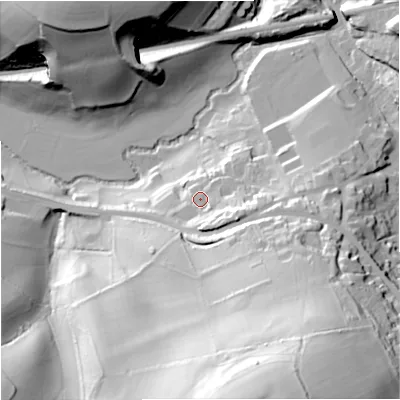 Shaded relief map of the ground around SN138AA, computed from Environment Agency LiDAR. The ground here sits at about 46 m above sea level and falls 81 m across the surrounding 800 m. Surface water reaching this point runs off ground lying to the south-east, 11.5 m higher.