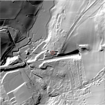 Shaded relief map of the ground around SN138EP, computed from Environment Agency LiDAR. The ground here sits at about 48 m above sea level and falls 75 m across the surrounding 800 m. Surface water reaching this point runs off ground lying to the east-north-east, 7.9 m higher.
