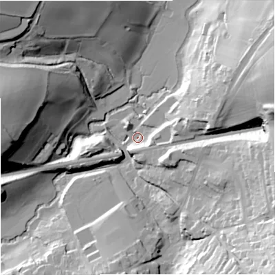 Shaded relief map of the ground around SN138PD, computed from Environment Agency LiDAR. The ground here sits at about 33 m above sea level and falls 54 m across the surrounding 800 m. Surface water reaching this point runs off ground lying to the east-north-east, 44.8 m higher.