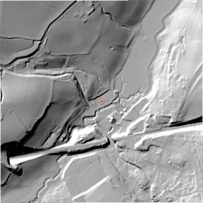 Shaded relief map of the ground around SN138PN, computed from Environment Agency LiDAR. The ground here sits at about 33 m above sea level and falls 59 m across the surrounding 800 m. Surface water reaching this point runs off ground lying to the west, 46.7 m higher.