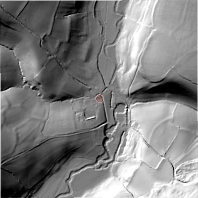 Shaded relief map of the ground around SN138PT, computed from Environment Agency LiDAR. The ground here sits at about 37 m above sea level and falls 68 m across the surrounding 800 m. Surface water reaching this point runs off ground lying to the north-west, 33.1 m higher.