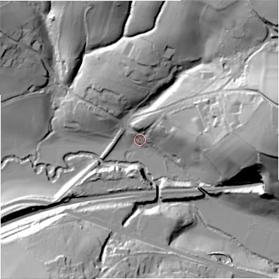 Shaded relief map of the ground around SN138QR, computed from Environment Agency LiDAR. The ground here sits at about 33 m above sea level and falls 53 m across the surrounding 800 m. Surface water reaching this point runs off ground lying to the east, 45.2 m higher.