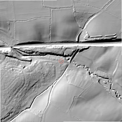 Shaded relief map of the ground around SN139AX, computed from Environment Agency LiDAR. The ground here sits at about 70 m above sea level and falls 25 m across the surrounding 800 m. Surface water reaching this point runs off ground lying to the south-west, 18.6 m higher.