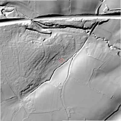 Shaded relief map of the ground around SN139AY, computed from Environment Agency LiDAR. The ground here sits at about 75 m above sea level and falls 27 m across the surrounding 800 m. Surface water reaching this point runs off ground lying to the west-south-west, 16.2 m higher.