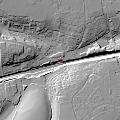 Shaded relief map of the ground around SN139HA, computed from Environment Agency LiDAR. The ground here sits at about 79 m above sea level and falls 26 m across the surrounding 800 m. Surface water reaching this point runs off ground lying to the west, 22.2 m higher.
