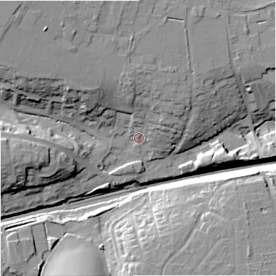 Shaded relief map of the ground around SN139HB, computed from Environment Agency LiDAR. The ground here sits at about 82 m above sea level and falls 27 m across the surrounding 800 m. Surface water reaching this point runs off ground lying to the north-north-east, 12.0 m higher.