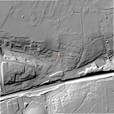 Shaded relief map of the ground around SN139NN, computed from Environment Agency LiDAR. The ground here sits at about 83 m above sea level and falls 28 m across the surrounding 800 m. Surface water reaching this point runs off ground lying to the north, 12.1 m higher.