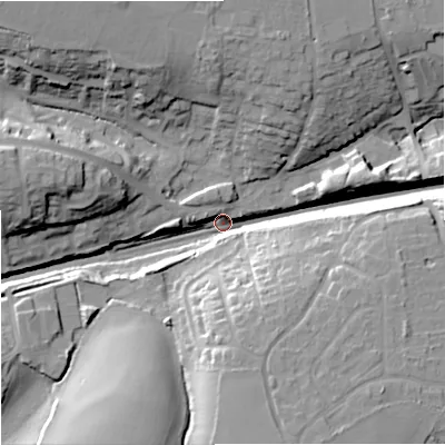 Shaded relief map of the ground around SN139NZ, computed from Environment Agency LiDAR. The ground here sits at about 75 m above sea level and falls 26 m across the surrounding 800 m. Surface water reaching this point runs off ground lying to the south-south-west, 23.6 m higher.
