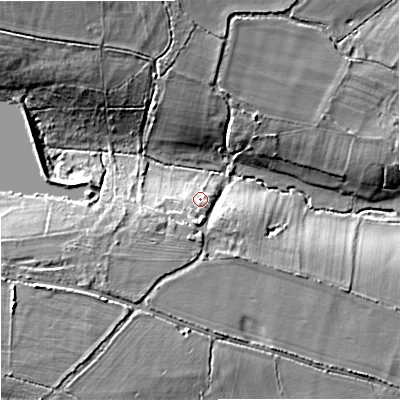 Shaded relief map of the ground around SN139QF, computed from Environment Agency LiDAR. The ground here sits at about 80 m above sea level and falls 17 m across the surrounding 800 m. Surface water reaching this point runs off ground lying to the south-south-west, 4.7 m higher.