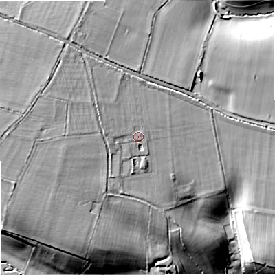 Shaded relief map of the ground around SN139QJ, computed from Environment Agency LiDAR. The ground here sits at about 71 m above sea level and falls 24 m across the surrounding 800 m. Surface water reaching this point runs off ground lying to the north-west, 3.1 m higher.