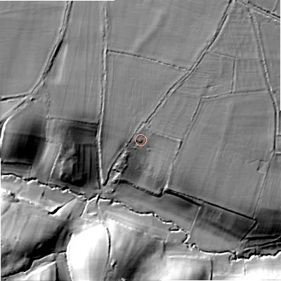 Shaded relief map of the ground around SN139QL, computed from Environment Agency LiDAR. The ground here sits at about 74 m above sea level and falls 27 m across the surrounding 800 m. Surface water reaching this point runs off ground lying to the north-north-east, 3.4 m higher.