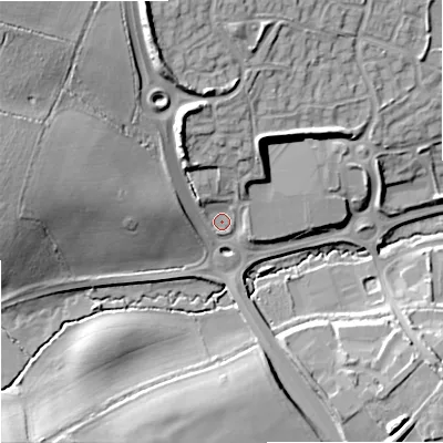Shaded relief map of the ground around SN140AF, computed from Environment Agency LiDAR. The ground here sits at about 63 m above sea level and falls 25 m across the surrounding 800 m. Surface water reaching this point runs off ground lying to the north-north-west, 17.3 m higher.