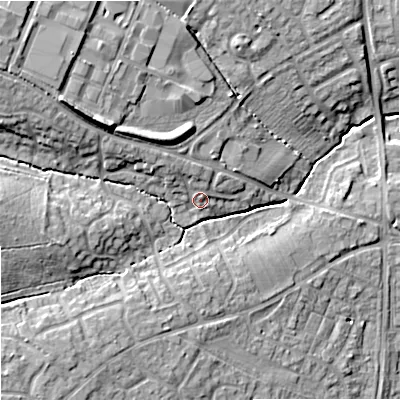 Shaded relief map of the ground around SN140DN, computed from Environment Agency LiDAR. The ground here sits at about 68 m above sea level and falls 18 m across the surrounding 800 m. Surface water reaching this point runs off ground lying to the north-west, 4.0 m higher.