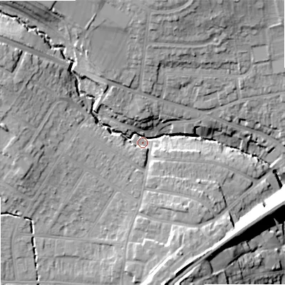 Shaded relief map of the ground around SN140EN, computed from Environment Agency LiDAR. The ground here sits at about 53 m above sea level and falls 23 m across the surrounding 800 m. Surface water reaching this point runs off ground lying to the north-west, 16.5 m higher.