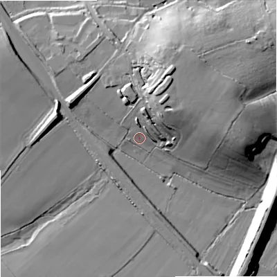 Shaded relief map of the ground around SN140UA, computed from Environment Agency LiDAR. The ground here sits at about 58 m above sea level and falls 26 m across the surrounding 800 m. Surface water reaching this point runs off ground lying to the north-north-east, 20.3 m higher.