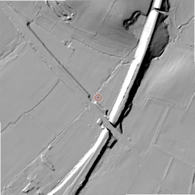 Shaded relief map of the ground around SN140WS, computed from Environment Agency LiDAR. The ground here sits at about 56 m above sea level and falls 25 m across the surrounding 800 m. Surface water reaching this point runs off ground lying to the east, 14.7 m higher.