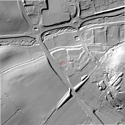 Shaded relief map of the ground around SN140WT, computed from Environment Agency LiDAR. The ground here sits at about 62 m above sea level and falls 23 m across the surrounding 800 m. Surface water reaching this point runs off ground lying to the east, 3.2 m higher.