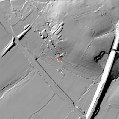Shaded relief map of the ground around SN140YU, computed from Environment Agency LiDAR. The ground here sits at about 58 m above sea level and falls 27 m across the surrounding 800 m. Surface water reaching this point runs off ground lying to the north, 25.9 m higher.