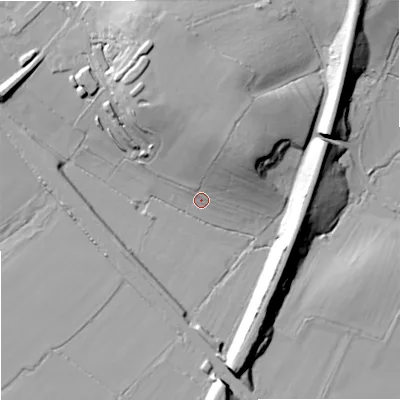 Shaded relief map of the ground around SN140YX, computed from Environment Agency LiDAR. The ground here sits at about 56 m above sea level and falls 29 m across the surrounding 800 m. Surface water reaching this point runs off ground lying to the north-north-west, 23.3 m higher.