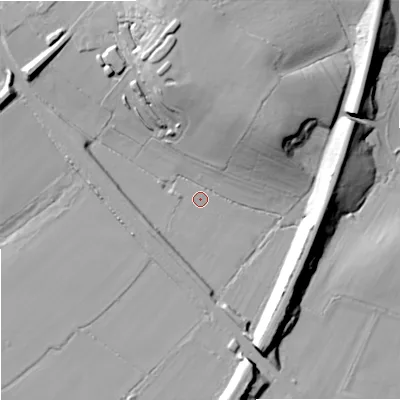 Shaded relief map of the ground around SN140YY, computed from Environment Agency LiDAR. The ground here sits at about 54 m above sea level and falls 28 m across the surrounding 800 m. Surface water reaching this point runs off ground lying to the west-south-west, 6.4 m higher.