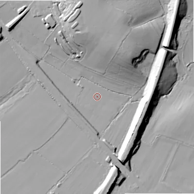 Shaded relief map of the ground around SN140ZA, computed from Environment Agency LiDAR. The ground here sits at about 54 m above sea level and falls 28 m across the surrounding 800 m. Surface water reaching this point runs off ground lying to the south-east, 16.3 m higher.