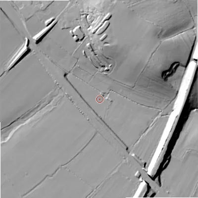 Shaded relief map of the ground around SN140ZB, computed from Environment Agency LiDAR. The ground here sits at about 56 m above sea level and falls 27 m across the surrounding 800 m. Surface water reaching this point runs off ground lying to the south-south-west, 6.4 m higher.
