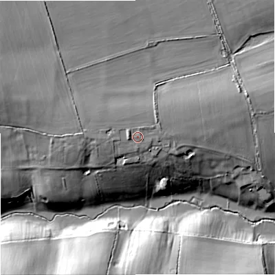 Shaded relief map of the ground around SN146AU, computed from Environment Agency LiDAR. The ground here sits at about 112 m above sea level and falls 21 m across the surrounding 800 m. Surface water reaching this point runs off ground lying to the west, 1.4 m higher.