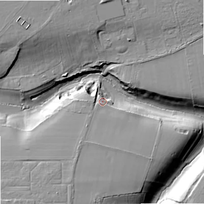 Shaded relief map of the ground around SN146DE, computed from Environment Agency LiDAR. The ground here sits at about 93 m above sea level and falls 22 m across the surrounding 800 m. Surface water reaching this point runs off ground lying to the south-south-west, 5.5 m higher.