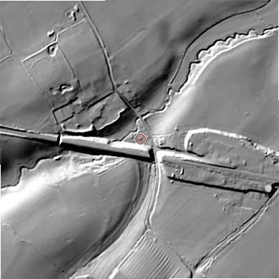 Shaded relief map of the ground around SN146HD, computed from Environment Agency LiDAR. The ground here sits at about 84 m above sea level and falls 20 m across the surrounding 800 m. Surface water reaching this point runs off ground lying to the south-west, 10.7 m higher.