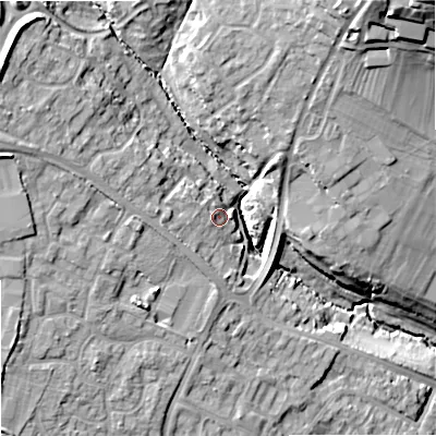 Shaded relief map of the ground around SN146HH, computed from Environment Agency LiDAR. The ground here sits at about 70 m above sea level and falls 30 m across the surrounding 800 m. Surface water reaching this point runs off ground lying to the west, 7.1 m higher.