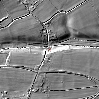 Shaded relief map of the ground around SN146LJ, computed from Environment Agency LiDAR. The ground here sits at about 82 m above sea level and falls 21 m across the surrounding 800 m. Surface water reaching this point runs off ground lying to the west-south-west, 8.1 m higher.