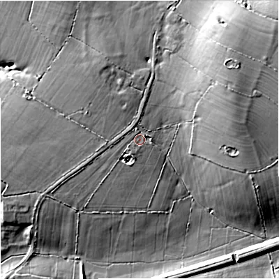 Shaded relief map of the ground around SN146NH, computed from Environment Agency LiDAR. The ground here sits at about 119 m above sea level and falls 12 m across the surrounding 800 m. Surface water reaching this point runs off ground lying to the north-north-west, 4.5 m higher.