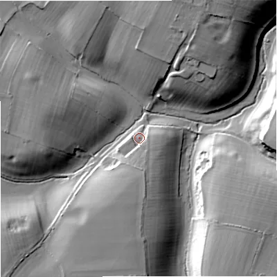 Shaded relief map of the ground around SN146NJ, computed from Environment Agency LiDAR. The ground here sits at about 109 m above sea level and falls 20 m across the surrounding 800 m. Surface water reaching this point runs off ground lying to the south, 6.9 m higher.