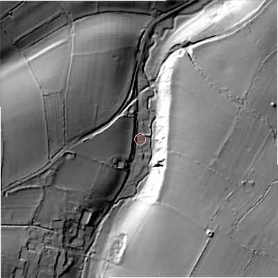 Shaded relief map of the ground around SN146PJ, computed from Environment Agency LiDAR. The ground here sits at about 100 m above sea level and falls 26 m across the surrounding 800 m. Surface water reaching this point runs off ground lying to the west, 12.7 m higher.