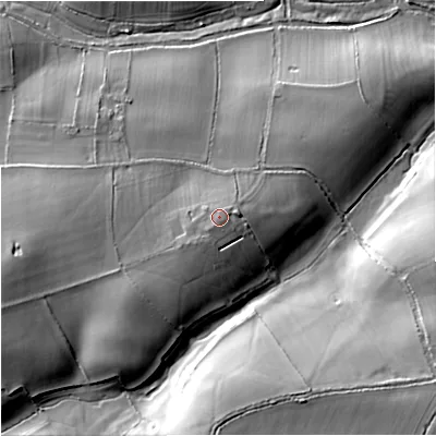 Shaded relief map of the ground around SN146PP, computed from Environment Agency LiDAR. The ground here sits at about 114 m above sea level and falls 20 m across the surrounding 800 m. Surface water reaching this point runs off ground lying to the south-west, 1.5 m higher.
