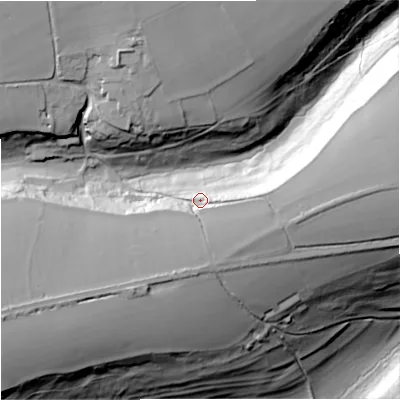 Shaded relief map of the ground around SN147AA, computed from Environment Agency LiDAR. The ground here sits at about 121 m above sea level and falls 71 m across the surrounding 800 m. Surface water reaching this point runs off ground lying to the south, 12.5 m higher.