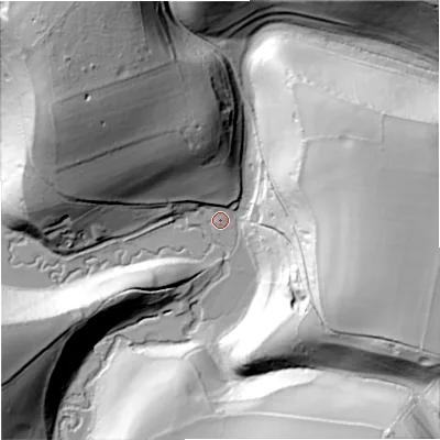 Shaded relief map of the ground around SN147EX, computed from Environment Agency LiDAR. The ground here sits at about 68 m above sea level and falls 64 m across the surrounding 800 m. Surface water reaching this point runs off ground lying to the north, 10.1 m higher.